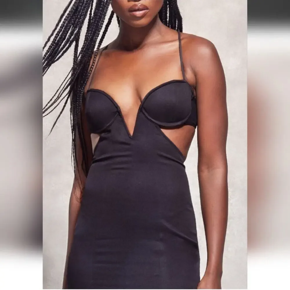 PrettyLittleThing Bodycon Mini Dress V Bar Strappy Open Back Black size 4